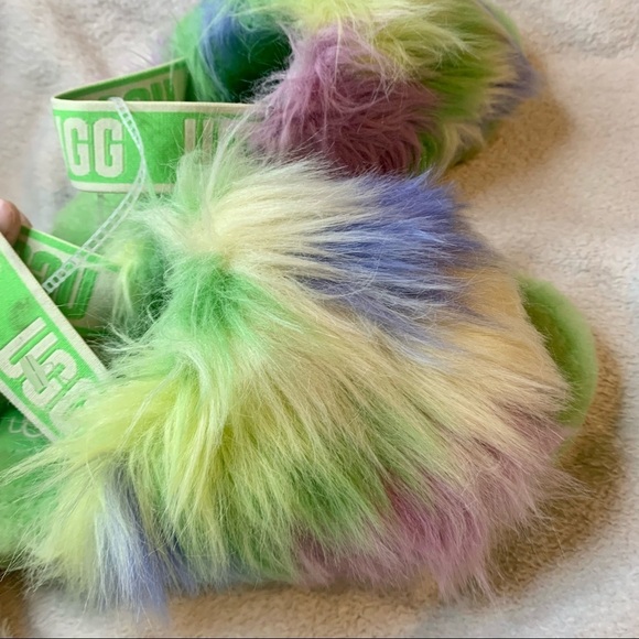 Ugg fluff yeah tie dye fur slides platform slippers size 6 green - Picture 5 of 12